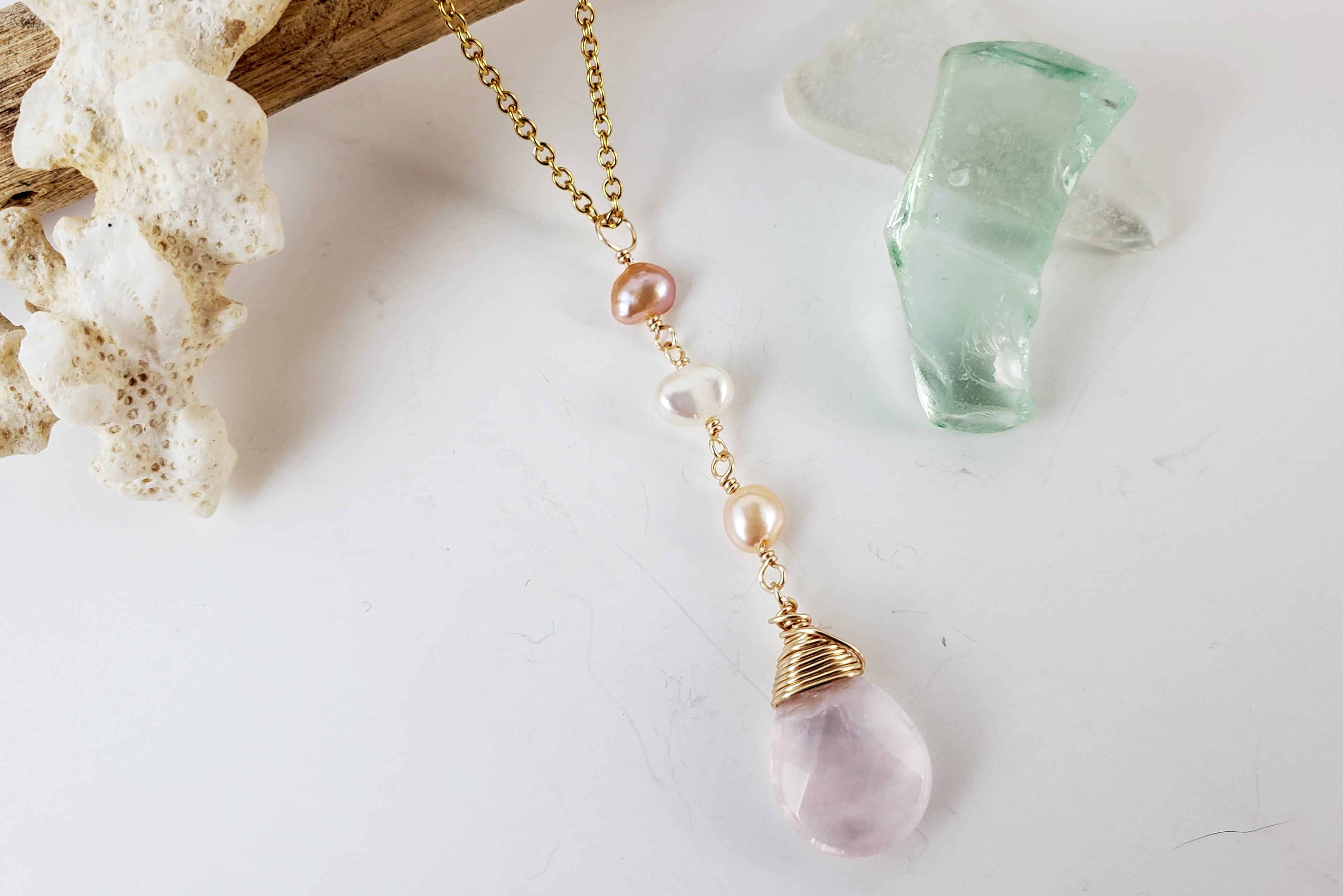 Rose quartz and freshwater pearls earring and necklace - skinny 
