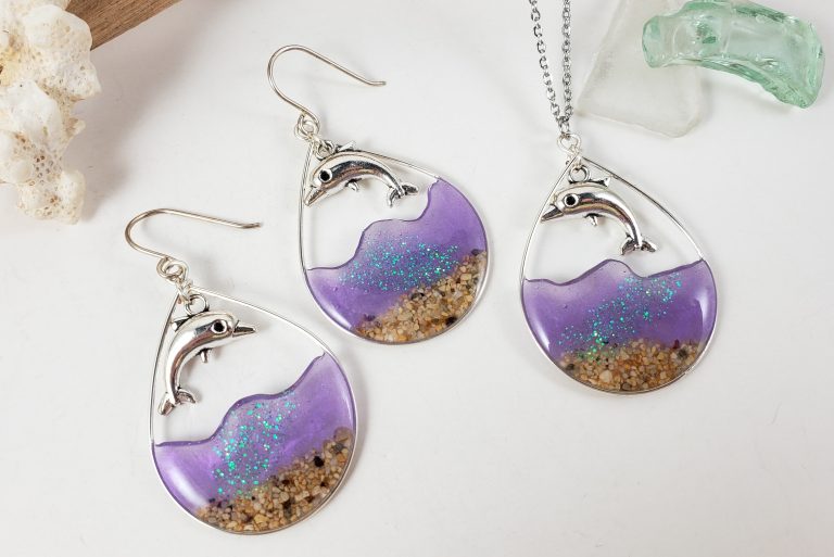 Sand and purple water with dolphins silver earrings and necklace ...