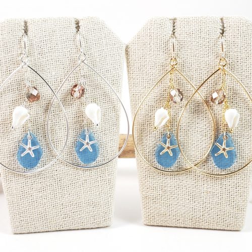 Starfish, sea glass, teardrop earrings and necklace in silver or gold ...