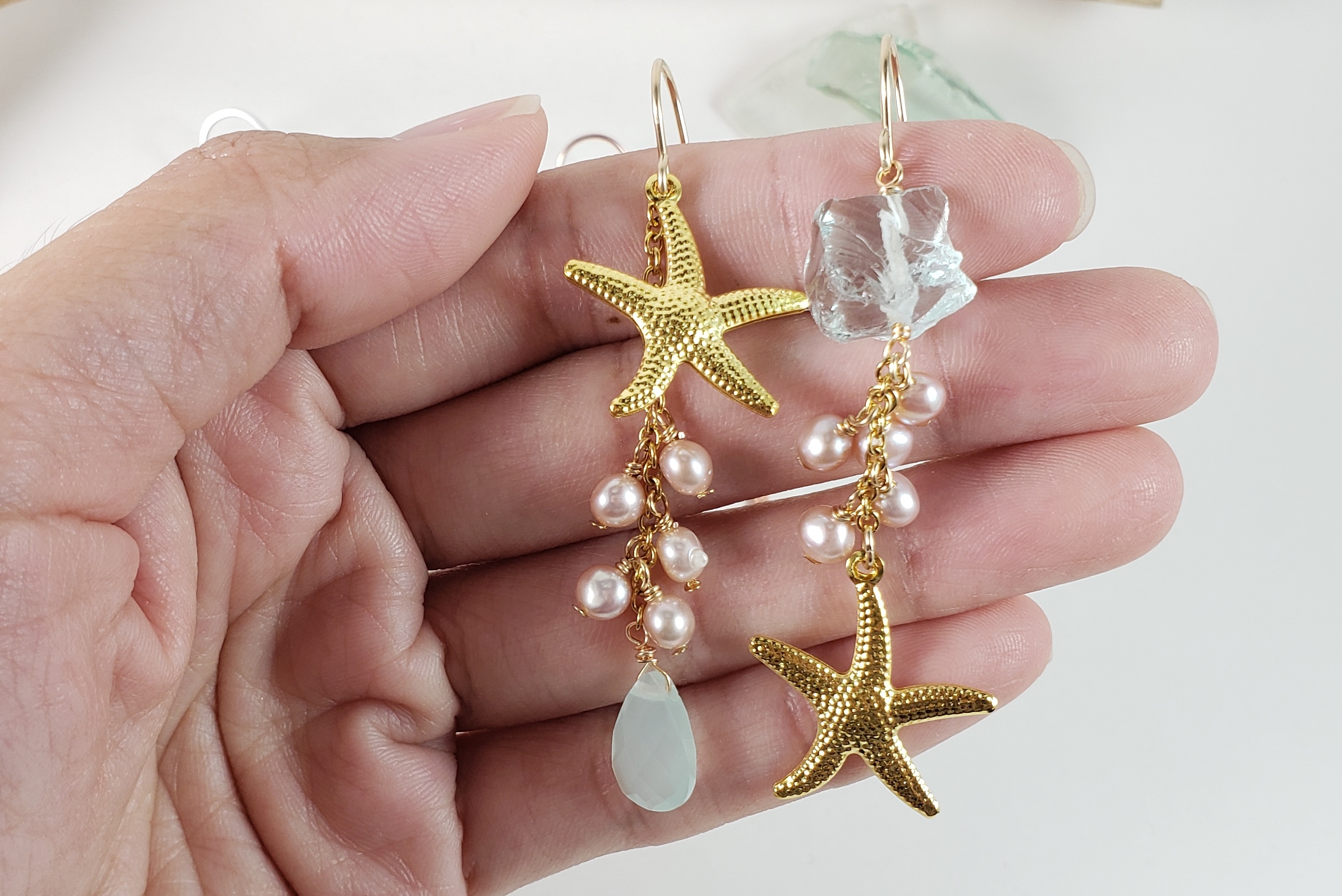 Starfish, pink pearl, sea green glass asymmetrical earrings
