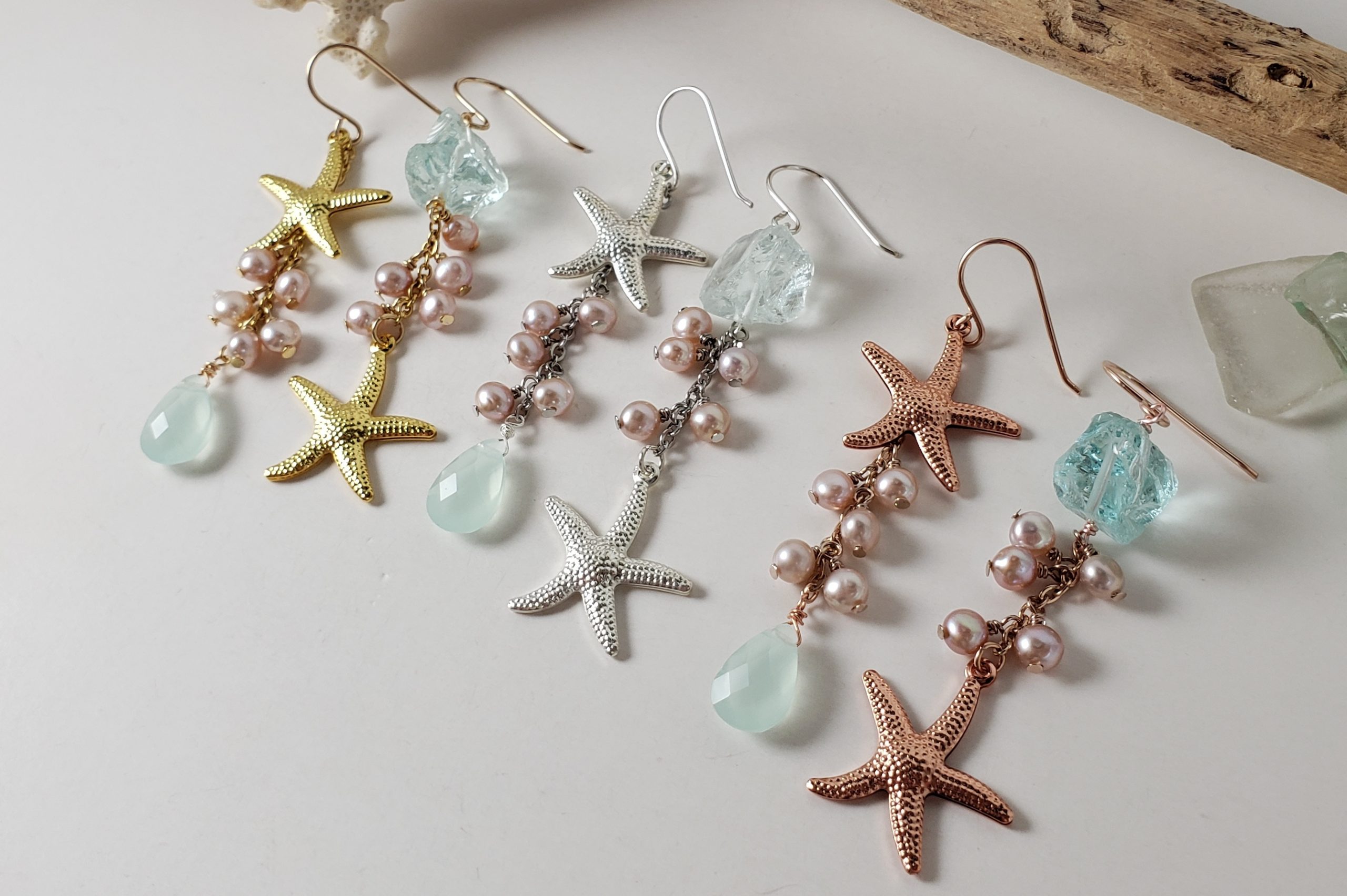 Starfish, pink pearl, sea green glass asymmetrical earrings