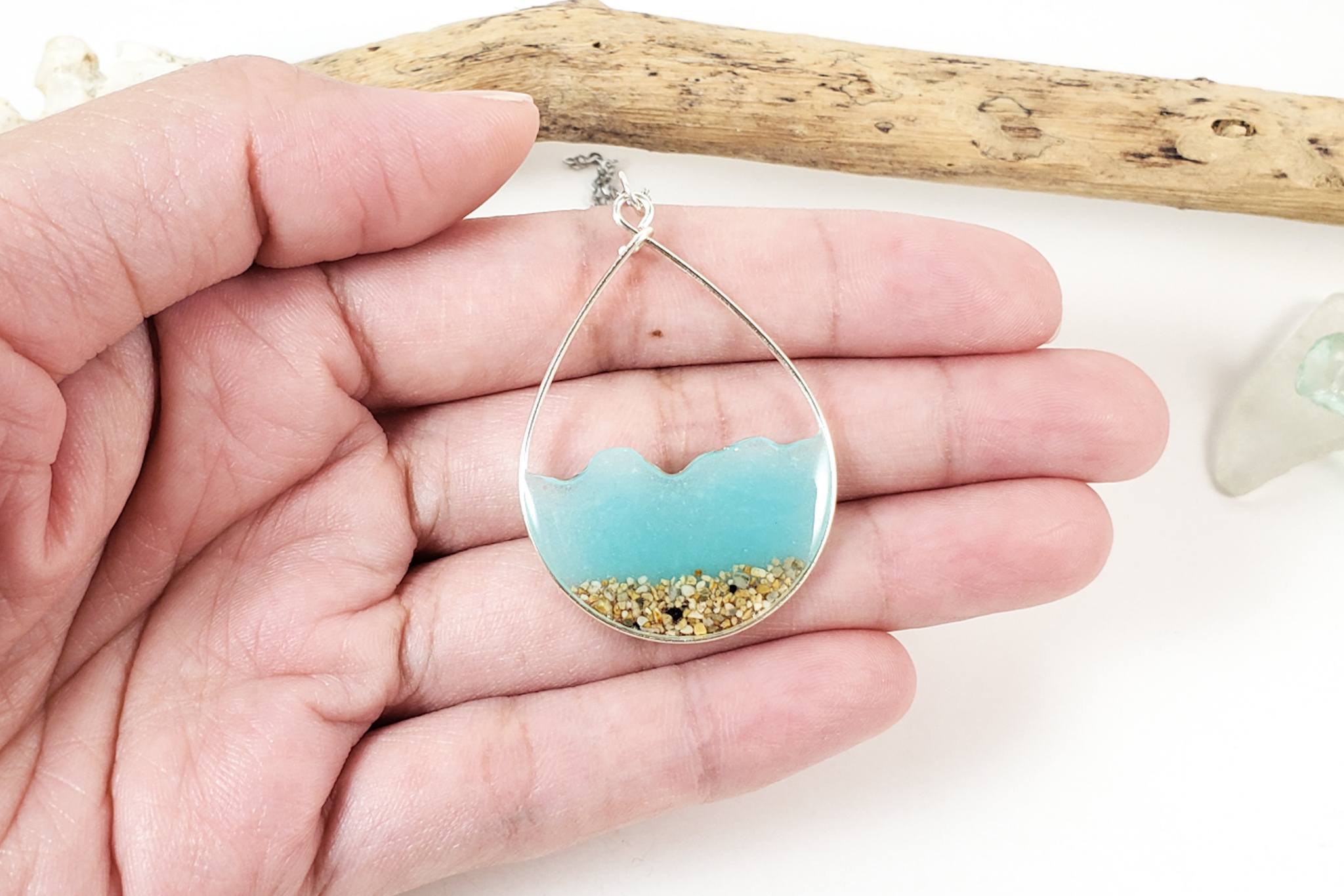 Aqua glow in the dark water and sand teardrop earrings and necklace ...